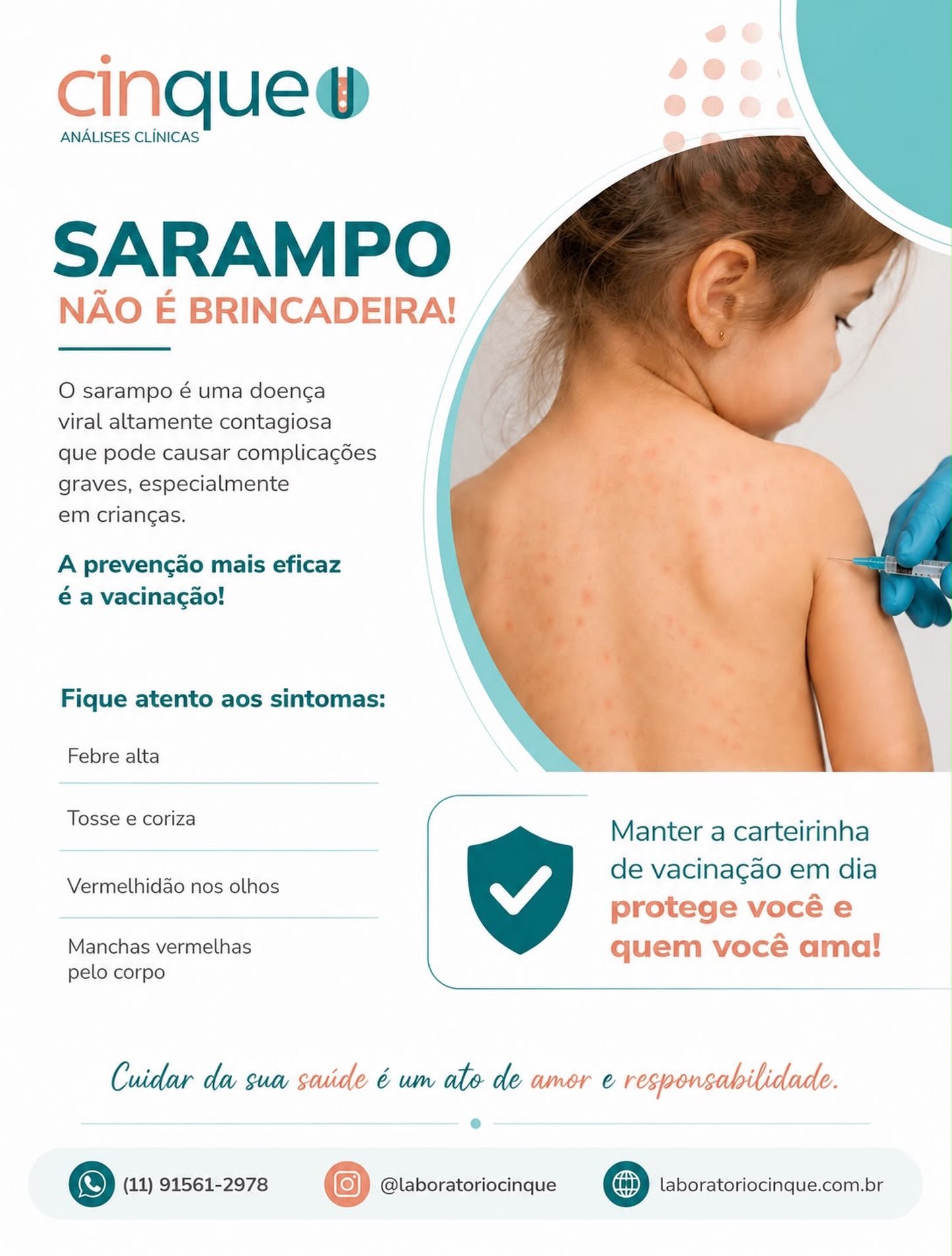 Novos casos de sarampo foram recentemente diagnosticados nas cidades de São Paulo, Guarulhos e São Bernardo dos Campos. A prevenção segura e mais eficaz é a vacinação. Confira sua carteirinha e de seus dependentes. Vacine-se e cuide de você e de quem você ama. Conte conosco para manter seus exames em dia!