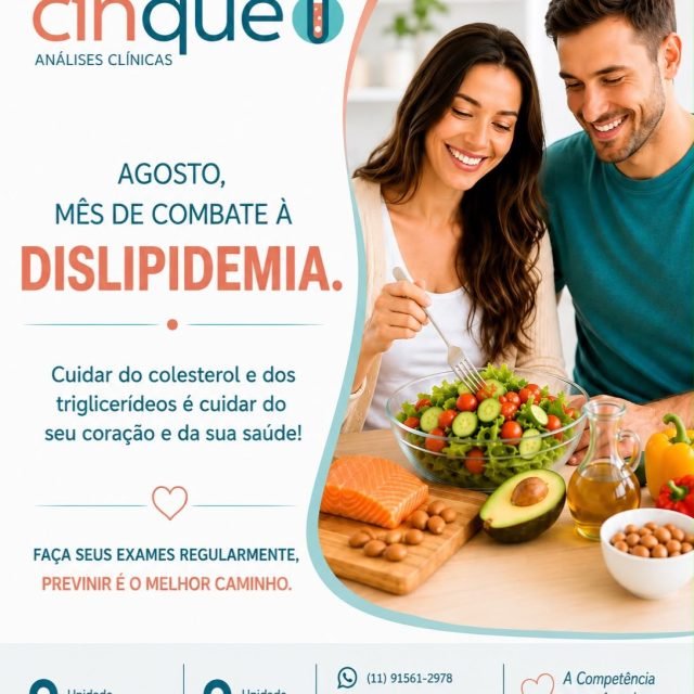 Manter uma alimentação equilibrada, praticar atividade física e acompanhar regularmente os níveis de colesterol são atitudes importantes para prevenir doenças cardiovasculares. Faça seus exames preventivos conosco. Durante todo mês de agosto, estamos com condições especiais para os exames de colesterol total, frações e triglicérides. VEM PRA CINQUE.