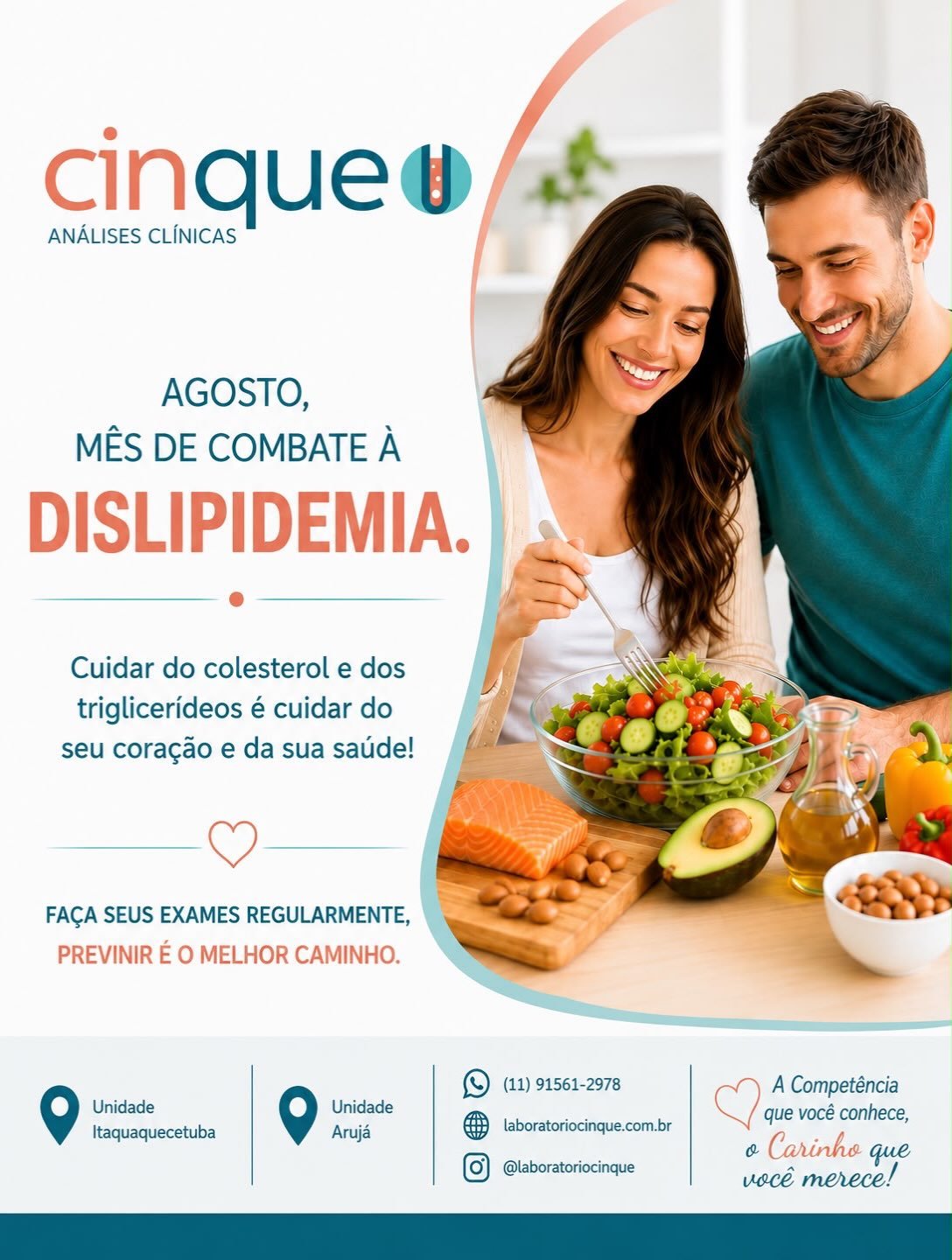Manter uma alimentação equilibrada, praticar atividade física e acompanhar regularmente os níveis de colesterol são atitudes importantes para prevenir doenças cardiovasculares. Faça seus exames preventivos conosco. Durante todo mês de agosto, estamos com condições especiais para os exames de colesterol total, frações e triglicérides. VEM PRA CINQUE.